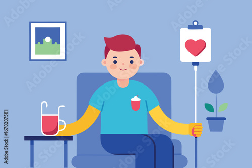 Illustration of a man donating blood with heart symbols in a clinic setting