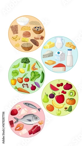 Animated Assembly of Food Groups on White Background in Circles