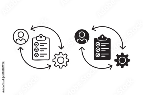 Task and productivity vector set with process cycle doodle icons in outline and filled styles