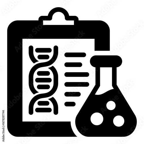 Medical and Scientific Report with DNA and Flask Vector Icon. A Comprehensive, Black and White Graphic for Health, Clinical, and Research Documentation