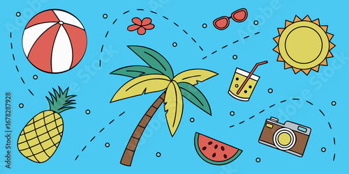 Vibrant summer vacation essentials including beach ball, pineapple, palm tree, sunglasses, drink, watermelon, camera, and sun.