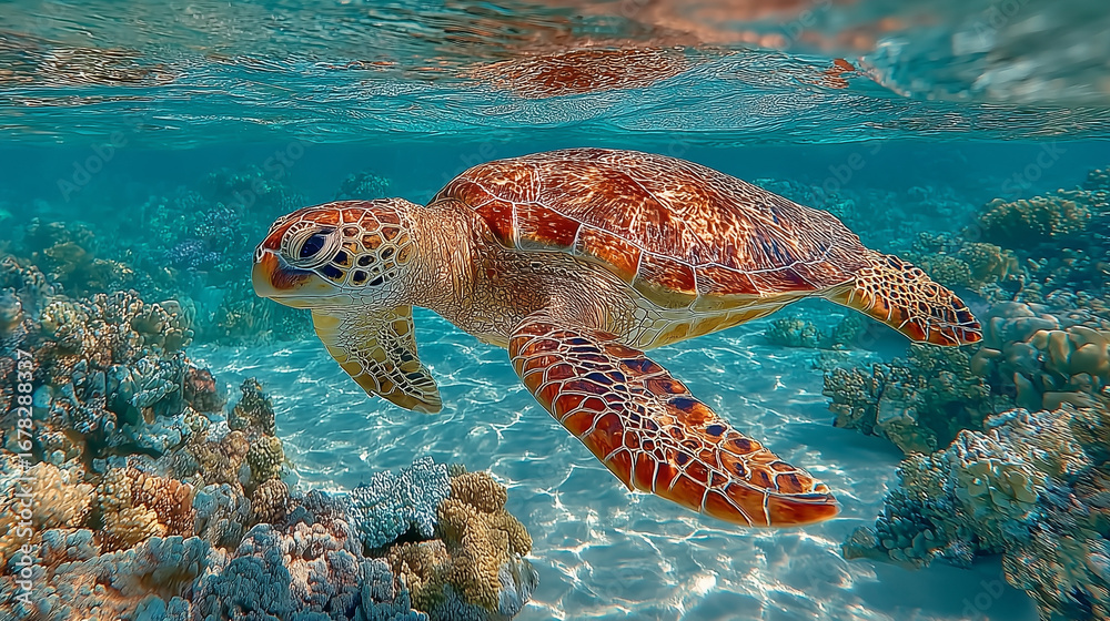 Fototapeta premium Green sea turtle gliding through clear ocean waters, surrounded by dappled sunlight and coral.