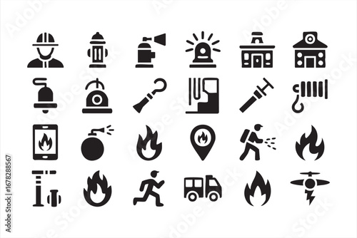 Firefighter and emergency response icons collection with protection graphics