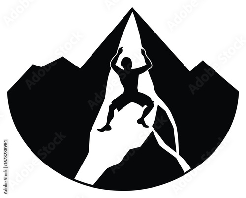 Silhouette of a mountain climber ascending a peak challenge and freedom