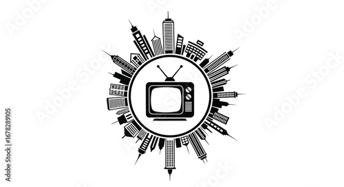 Vintage television surrounded by a city skyline