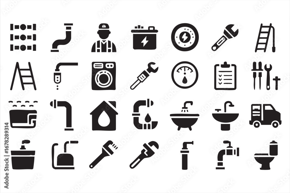 Fototapeta premium Plumbing icons vector set with pipes faucet sink and repair service symbols