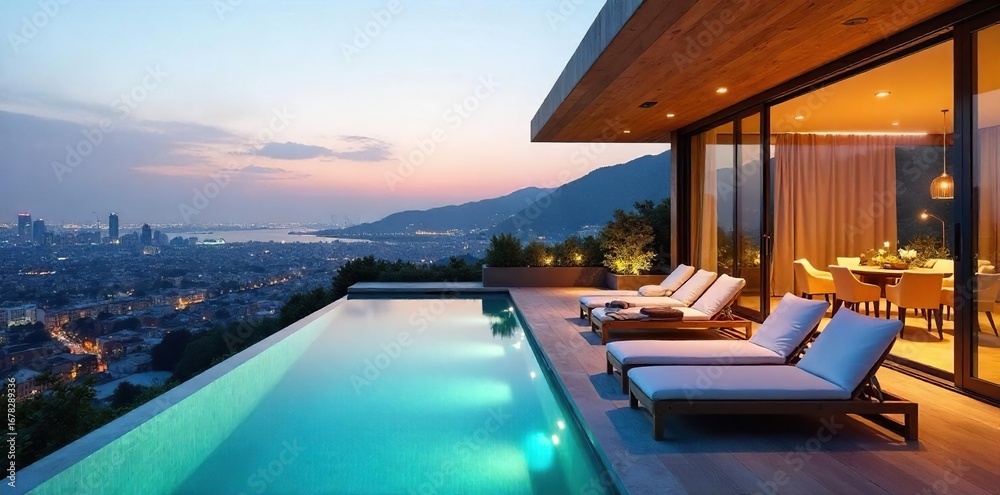 Fototapeta premium Luxury cityscape holiday villa with panoramic city views, modern design, and spacious outdoor terrace Perfect for a relaxing getaway , light, garden