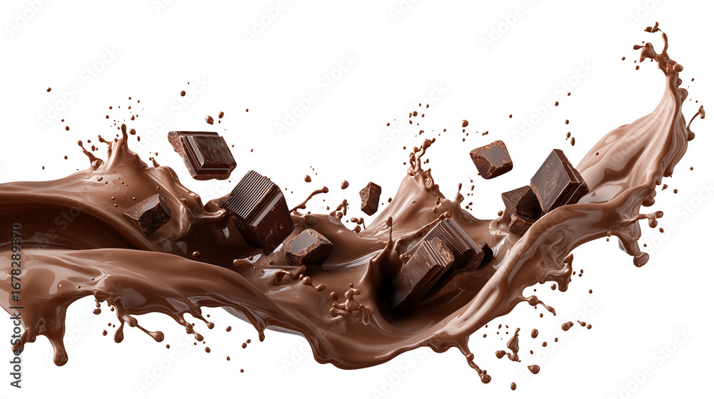 Obraz premium Delicious chocolate splash with chunks floating in rich cocoa liquid. PNG image, transparent background
