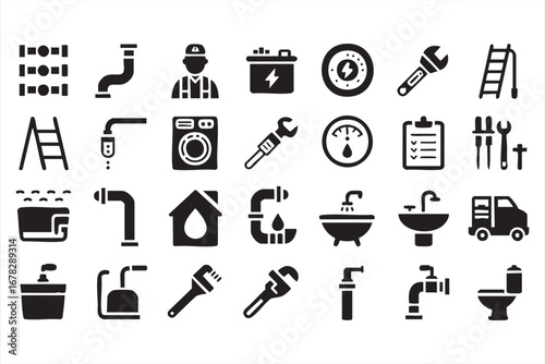 Plumbing icons vector set with pipes faucet sink and repair service symbols