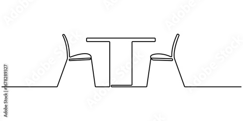 Garden chairs and table in continuous line art drawing style. Simple continuous line art. Classic style dining room furniture black linear sketch isolated on white background. Vector illustration
