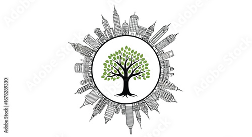 Green tree surrounded by city skyline