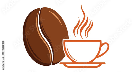 Coffee bean and steaming cup of coffee