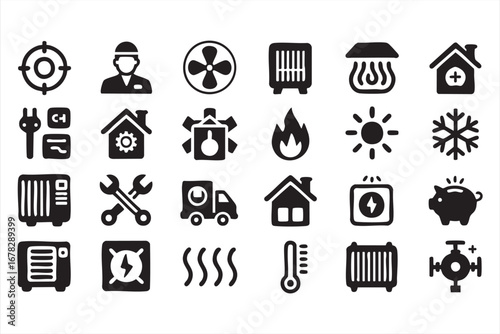 HVAC and repair icons pack with maintenance airflow and utility illustrations