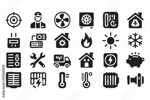 Heating and cooling vector icons with repair service and thermostat designs