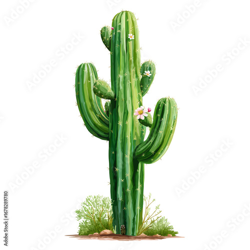 Cactus with blooming flowers in a desert setting during a sunny day showcasing vibrant green colors and unique characteristics. PNG image, transparent background