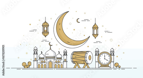 Islamic cultural elements with crescent moon and mosque illustration