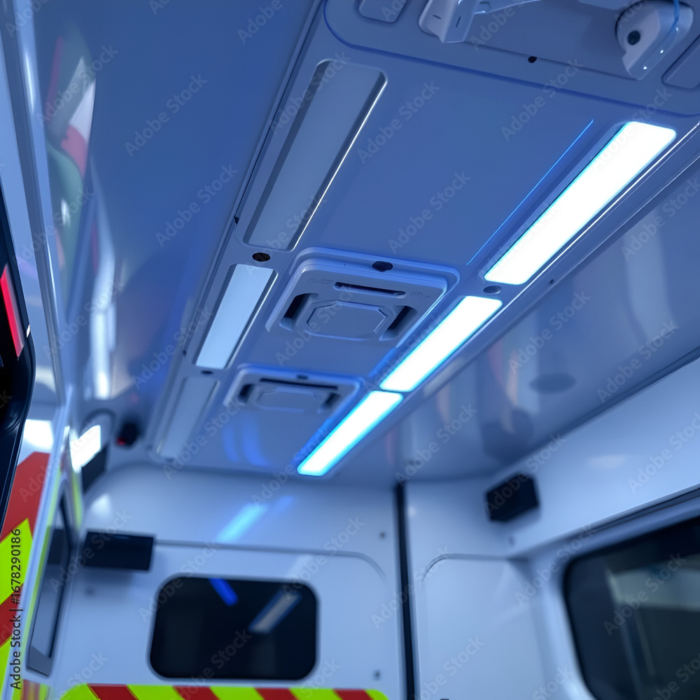 Fototapeta premium A close-up of a UV light disinfection system installed inside an ambulance, designed to kill pathogens and maintain a sterile environment.