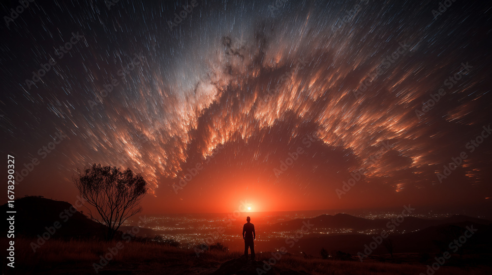 Fototapeta premium Star trails creating a radiant shower pattern above a silhouetted observer, immersed in celestial glow.