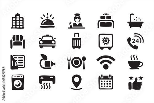 Vacation and hotel service vector set with bathtub taxi and bed illustrations