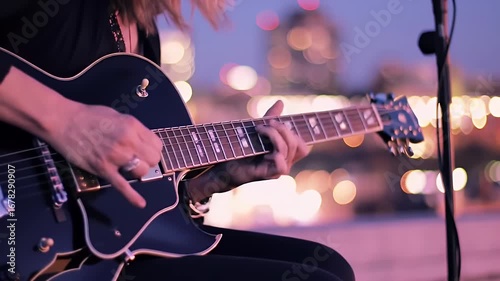 Wallpaper Mural Woman Playing Black Guitar at Dusk with City Lights Background Torontodigital.ca