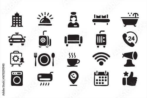 Hotel doodle icons collection with comfort guest service and travel elements