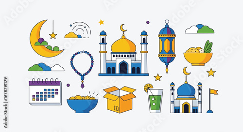 Islamic cultural elements including mosques, crescent moon, lantern, and prayer beads