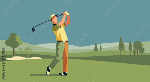 A minimalist illustration captures the graceful follow-through of a golf swing. The scene is defined by its clean geometric shapes, flat colors, and a serene, stylized landscape.