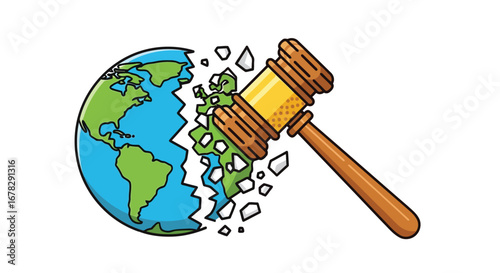 Gavel striking a crumbling earth, symbolizing legal judgment or environmental destruction