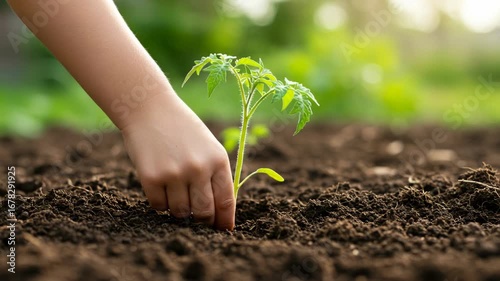 Child planting a small green seedling in fertile soil