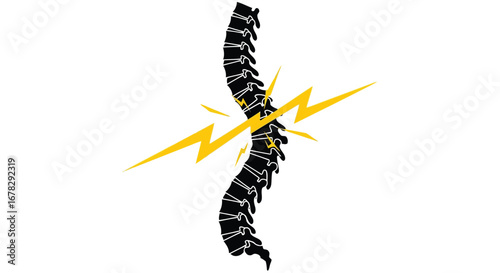 Black silhouette of a human spine with yellow lightning bolts indicating pain