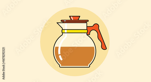 A glass coffee pot with a handle and lid, filled with coffee, on a light yellow background