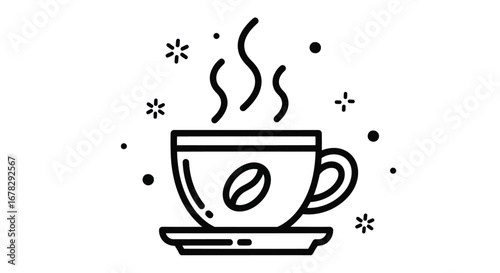 A steaming cup of coffee with a coffee bean emblem