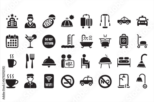 Hotel vector icon set with calendar luggage and customer service graphics