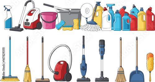 Cleaning supplies and household tools vector set with detergents, mops, vacuums, brooms, sprays, buckets and sponges
