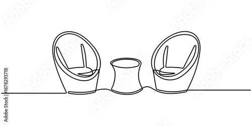 Garden chairs and table in continuous line art drawing style. Simple continuous line art. Classic style dining room furniture black linear sketch isolated on white background. Vector illustration