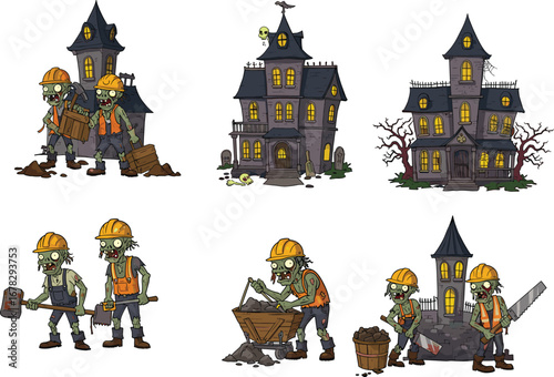Cartoon zombie construction workers rebuilding haunted house, spooky Halloween scene, creepy undead builders with tools repairing scary mansion, funny horror concept