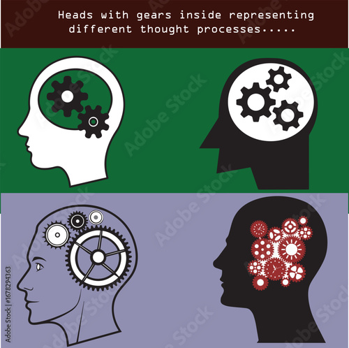 Four head profiles with gears inside representing thought processes idea | editable eps