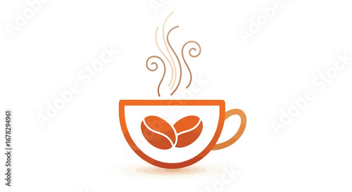 Stylized coffee cup with two coffee beans and steam