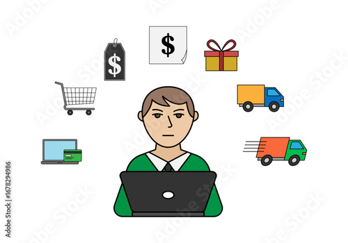 Persona comprando en internet con esquema de proceso de compra, pago, compra, ticket envió, regalo