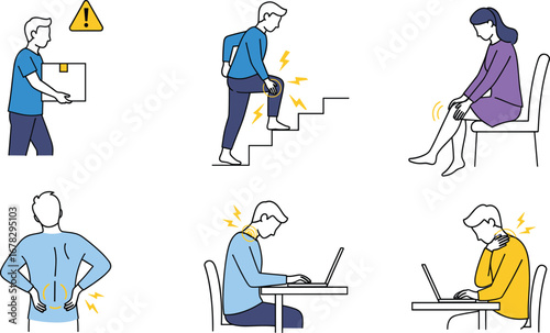 People suffering from body pain vector illustration set with back pain neck pain knee injury and poor posture