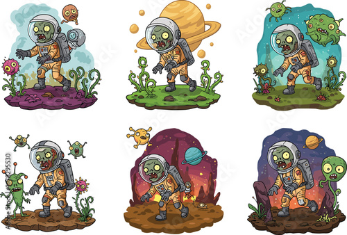 Zombie astronaut exploring alien planets, cartoon sci-fi horror scene, creepy space creatures, undead spaceman, extraterrestrial life forms, fantasy illustration