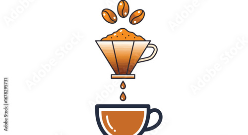 Pour over coffee brewing process with beans and dripping into a cup