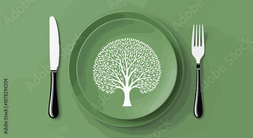 A fork and knife on a green plate with a tree design, representing healthy eating and nature