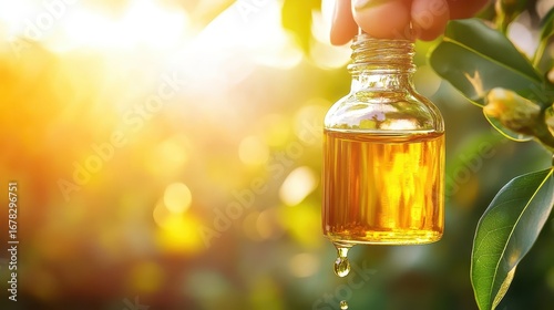 Hand Holding Glass Bottle with Essential Oil Against Nature Background
