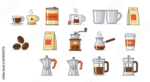 Collection of coffee related items including cups, beans, bags, and brewing equipment