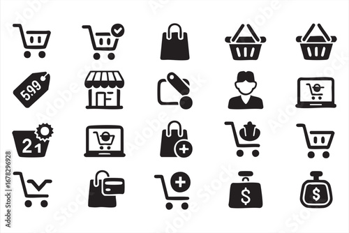 Shopping and e-commerce icons vector set with carts, baskets, bags, store, discount tags, payment, online shop, and retail customer service symbols for business and commerce design