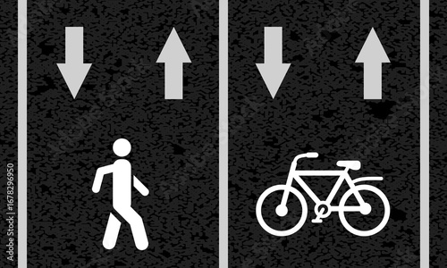 two way bike and pedestrian road markings, city street symbols, white bicycle walking man path painted asphalt, safe moving lane, arrows direction sign