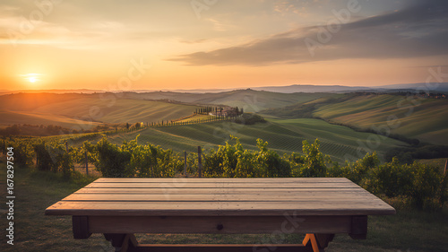 Empty wooden table with tuscan landscape at sunset