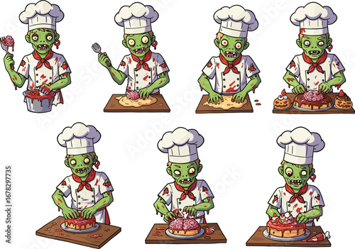 Zombie chefs making spooky Halloween cakes, cartoon undead bakers with creepy desserts, horror food preparation scene, funny scary brain pastries