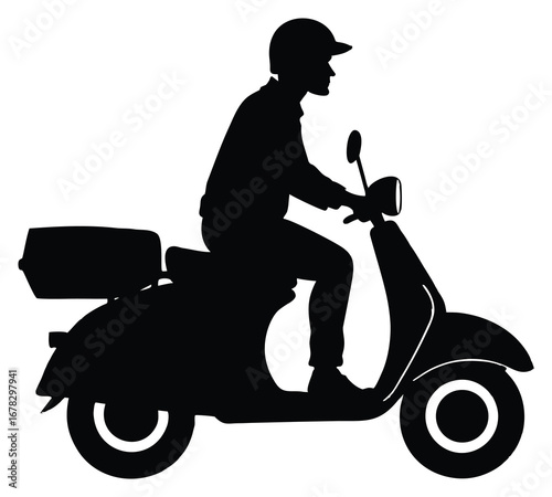 Silhouette of a man riding a vintage scooter on a white background